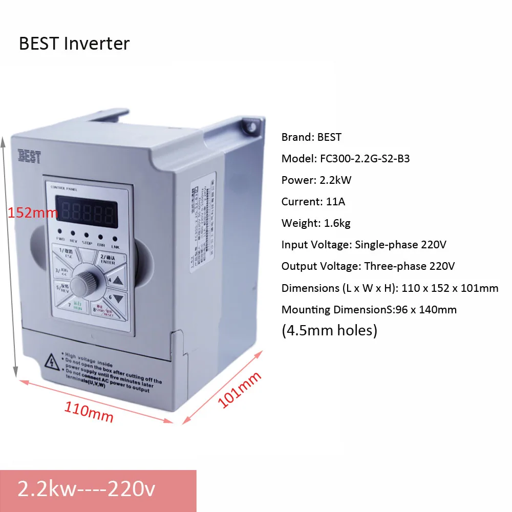BEST FC300-2.2G-S2-B3 2.2kW Single-Phase 220V VFD Inverter for CNC Router